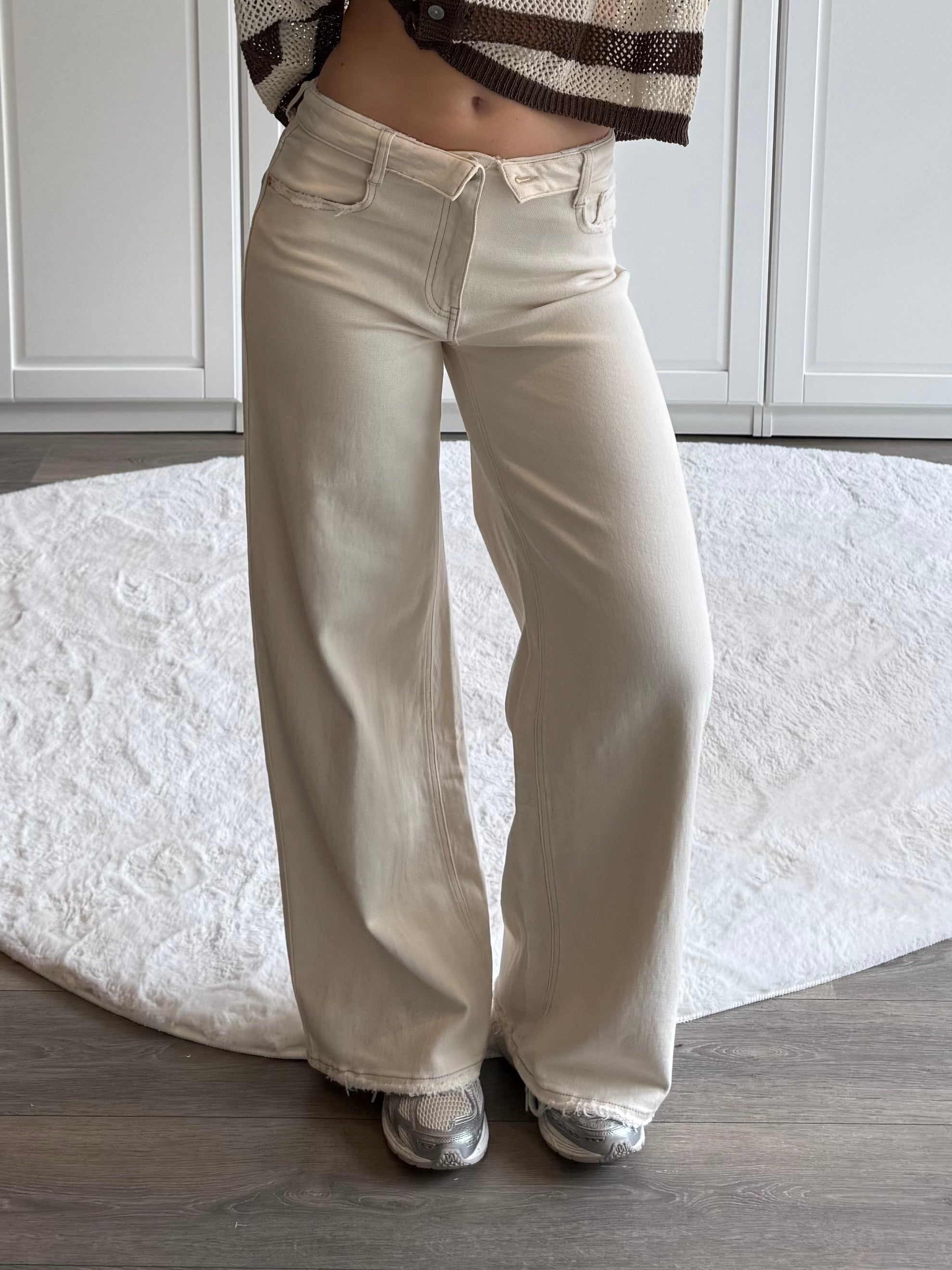 Folded Wide Leg Jeans 3957 | Beige