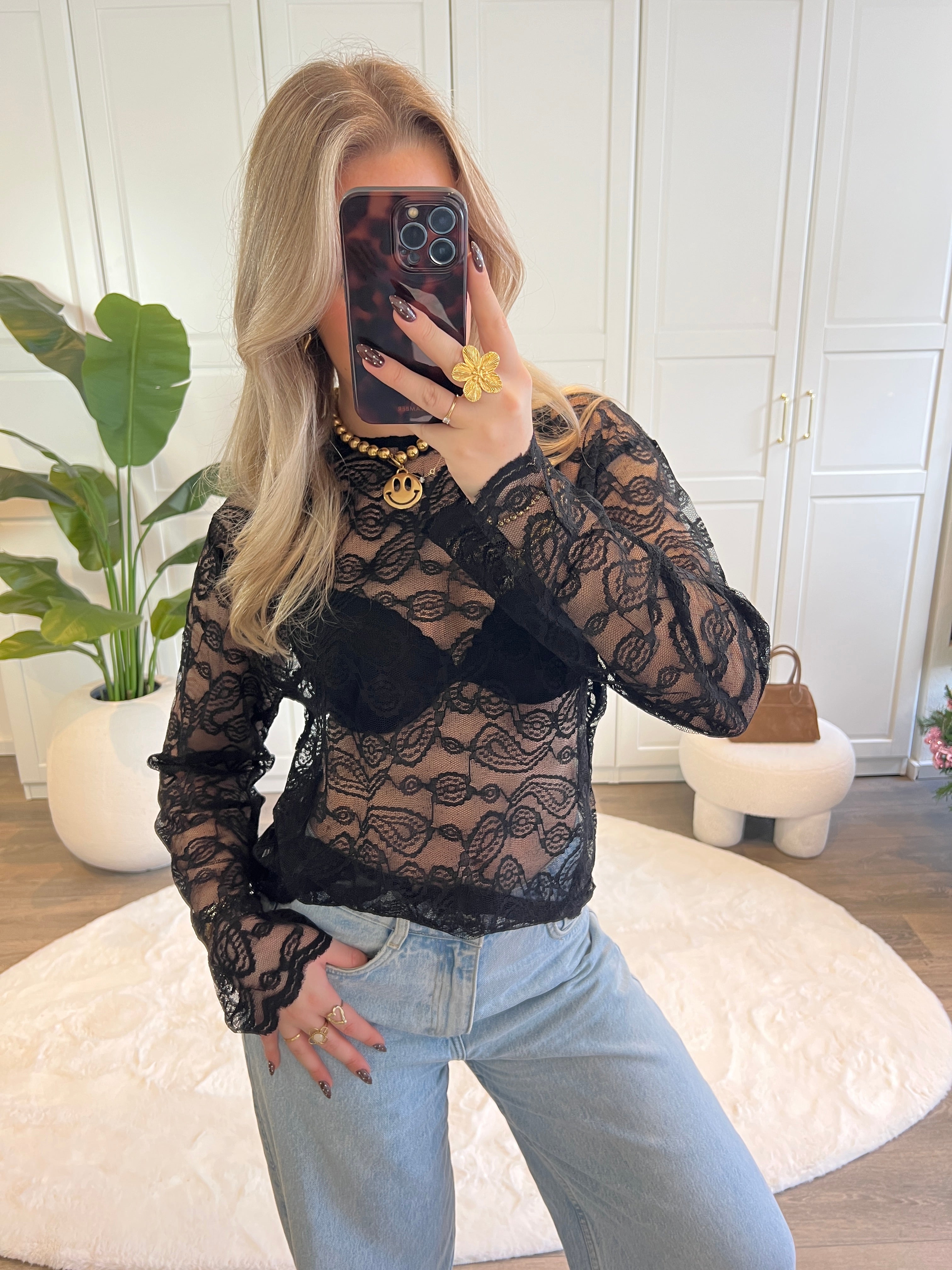 Lace T-shirt Pip | Zwart